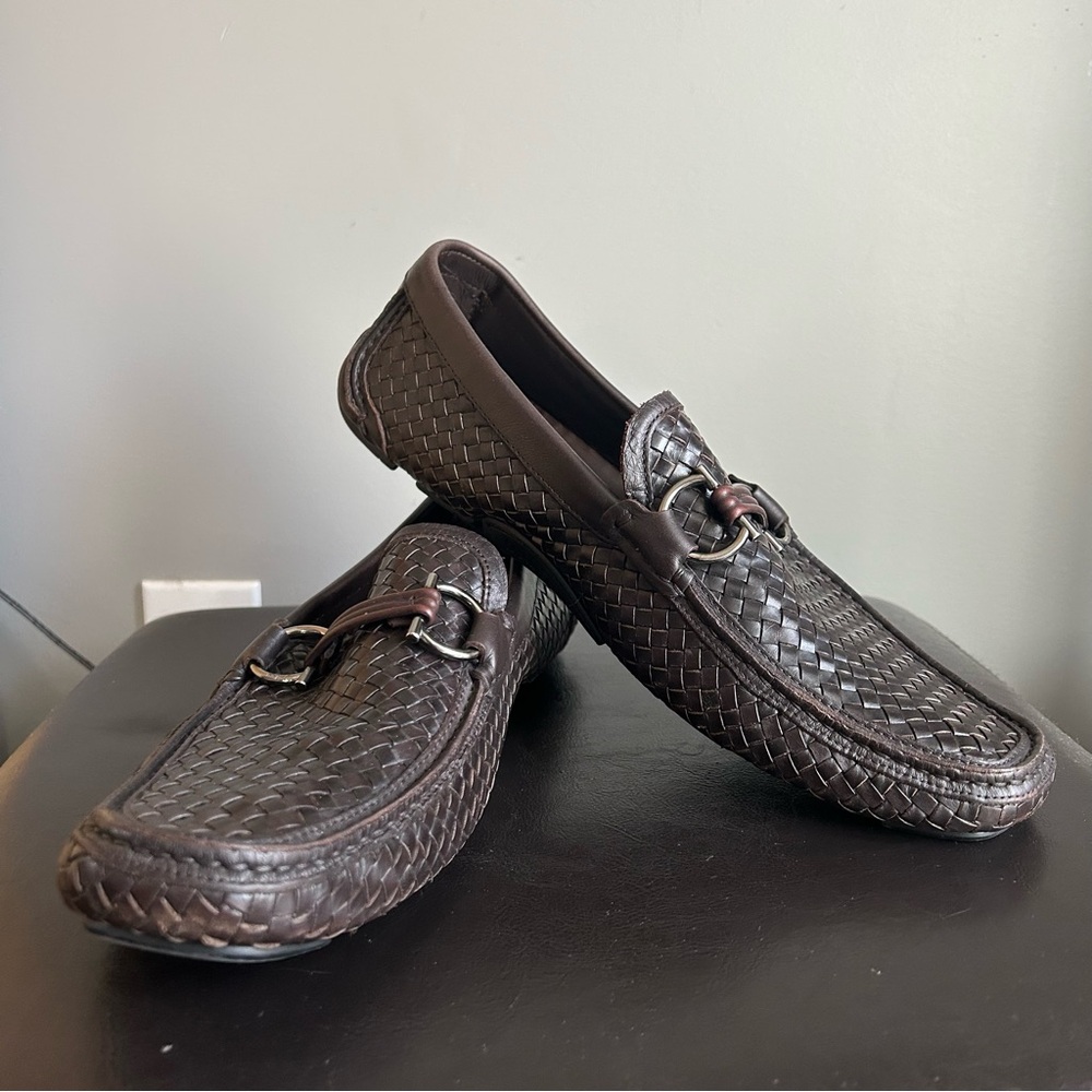 Salvatore Ferragamo ‘Parigi’ Gancini Brown Woven Leather Driving Loafers